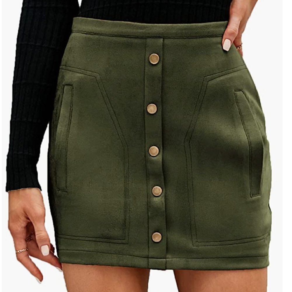 Naggoo Women's Size‎ Medium High Waist Mini Skirt Army Green Faux Suede Button